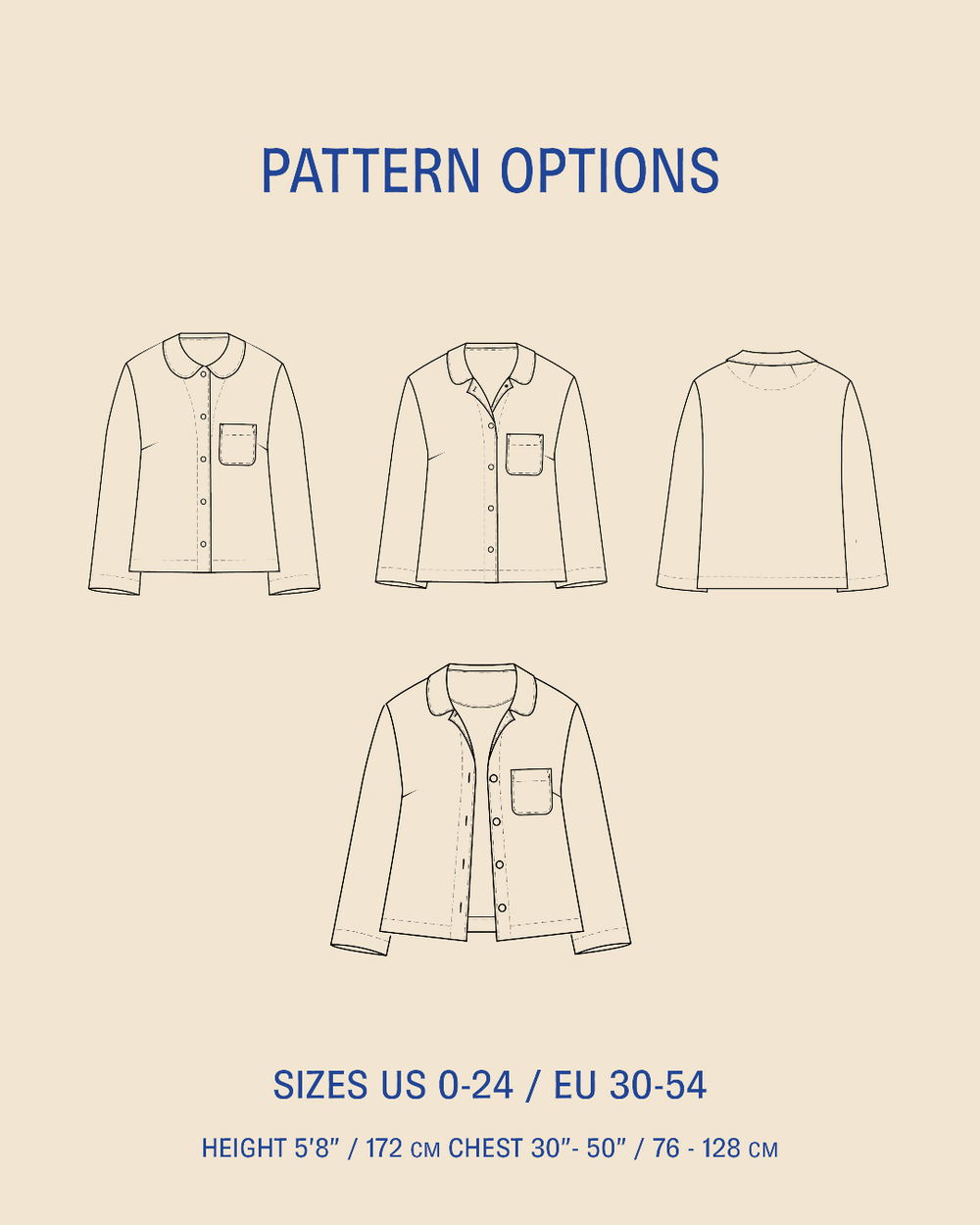Style illustration showing Dukke blouse sewing pattern options