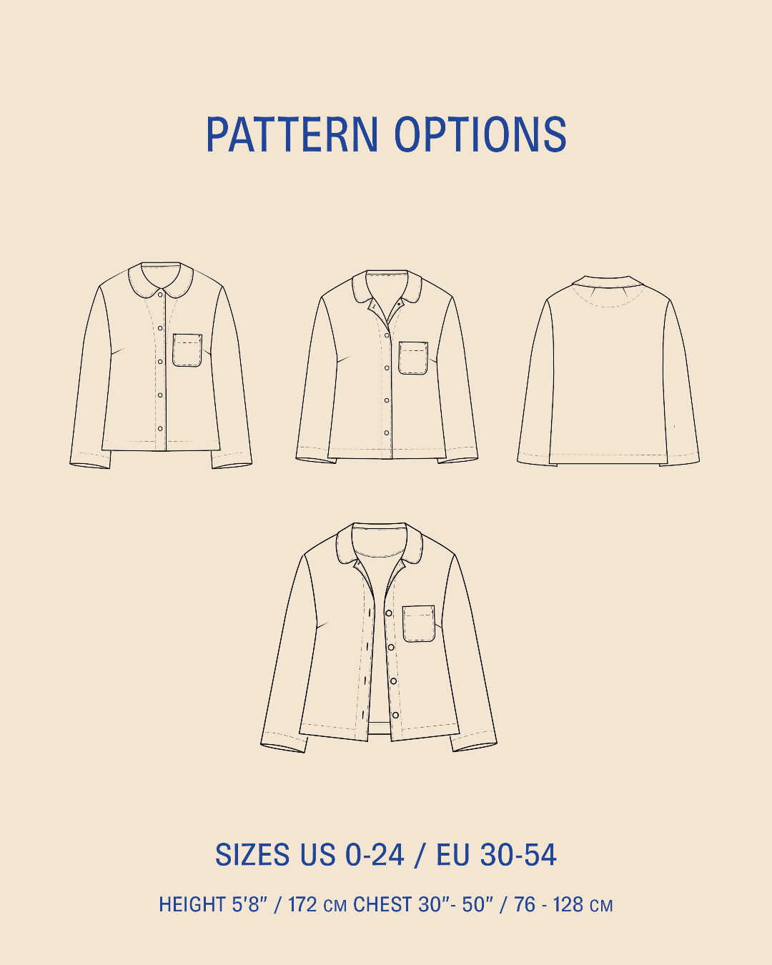 Style illustration showing Dukke blouse sewing pattern options