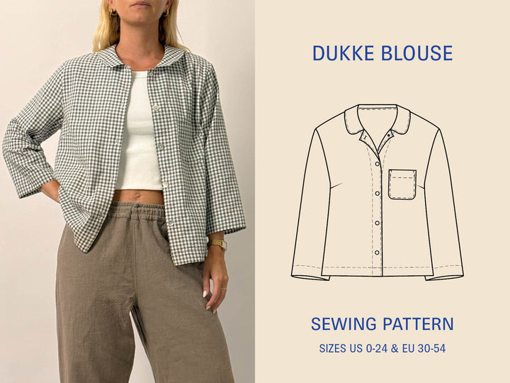 Woman wearing a checkered blouse with an illustration of the blouse and text about the sewing pattern.