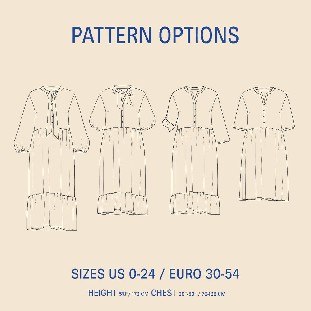 Freedom dress sewing pattern illustrations of a dress with size and height information on a beige background.
