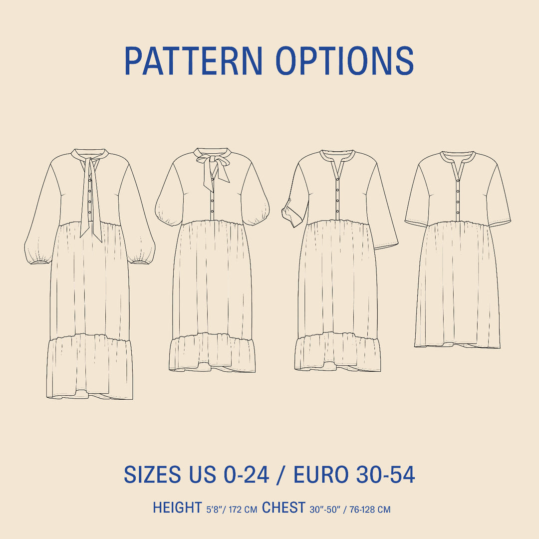 Freedom dress sewing pattern illustrations of a dress with size and height information on a beige background.