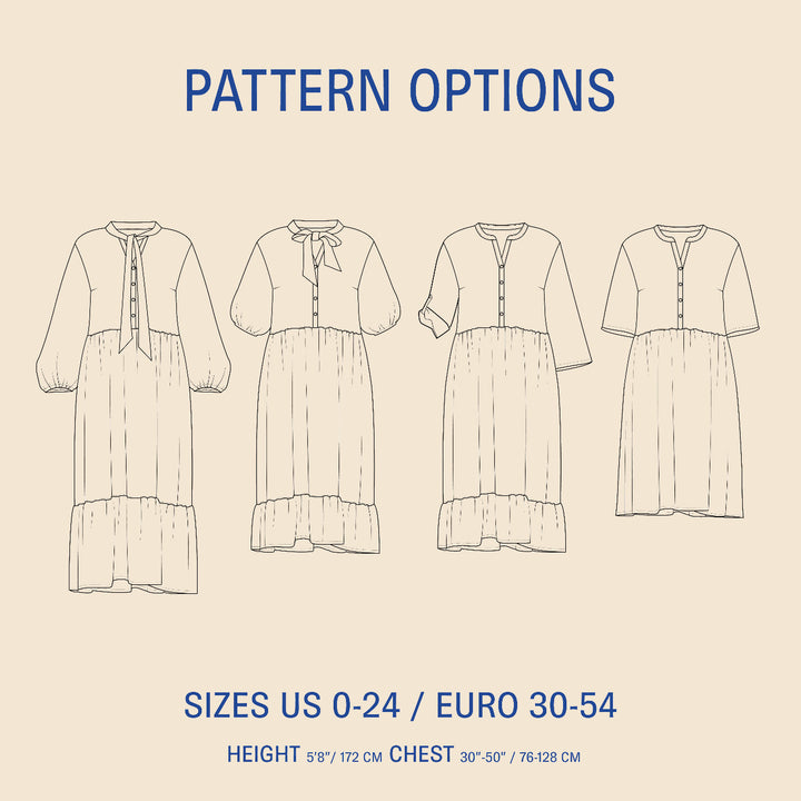 Freedom dress sewing pattern illustrations of a dress with size and height information on a beige background.