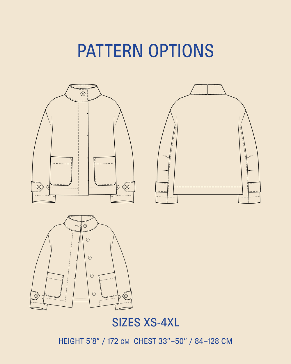 Wardrobe By Me Funnel Neck Jacket sewing pattern featuring design options and size range XS-4XL for tailored fit.