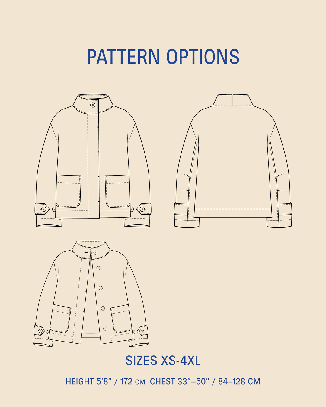 Wardrobe By Me Funnel Neck Jacket sewing pattern featuring design options and size range XS-4XL for tailored fit.