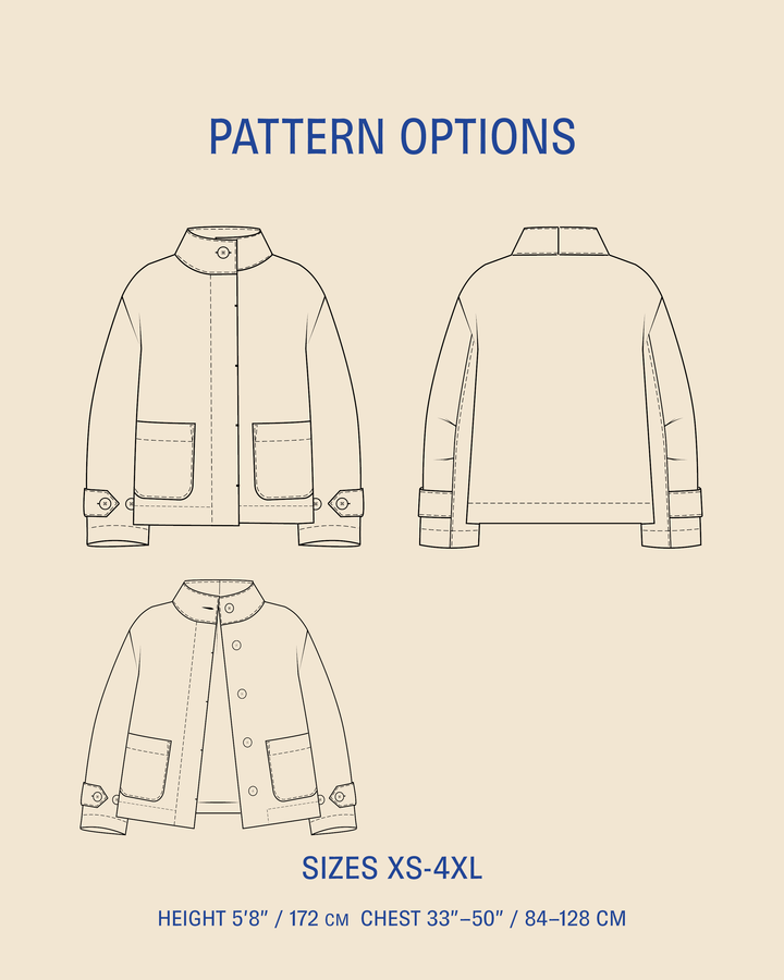 Wardrobe By Me Funnel Neck Jacket sewing pattern featuring design options and size range XS-4XL for tailored fit.