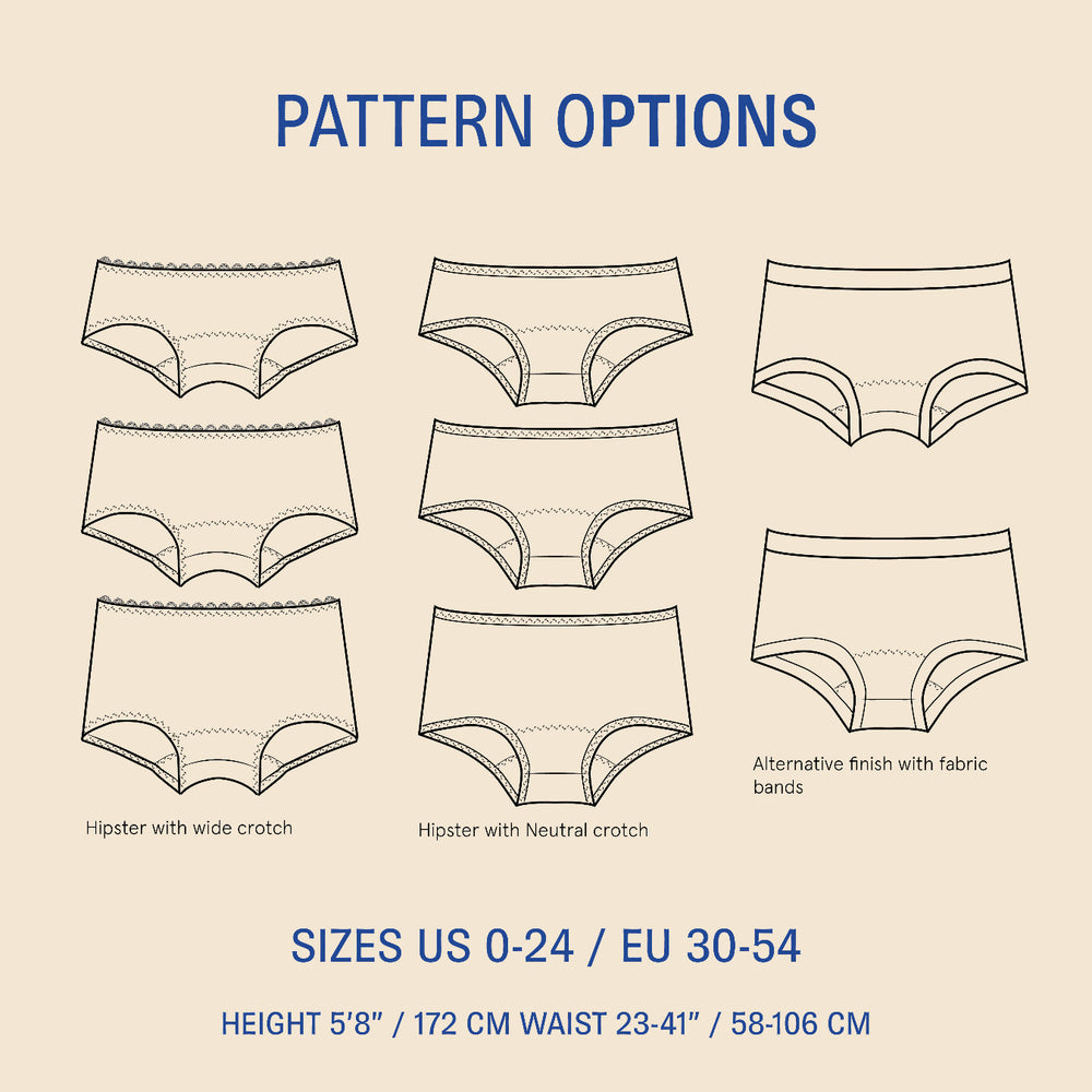 WBM Hipster underwear pattern illustration of the different options in the pattern