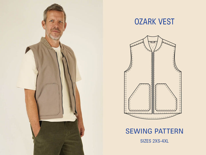 Man wearing an Ozark vest with a sewing pattern illustration on a beige background
