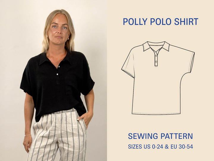 Woman wearing a black Polly Polo Shirt with a sewing pattern illustration on a beige background
