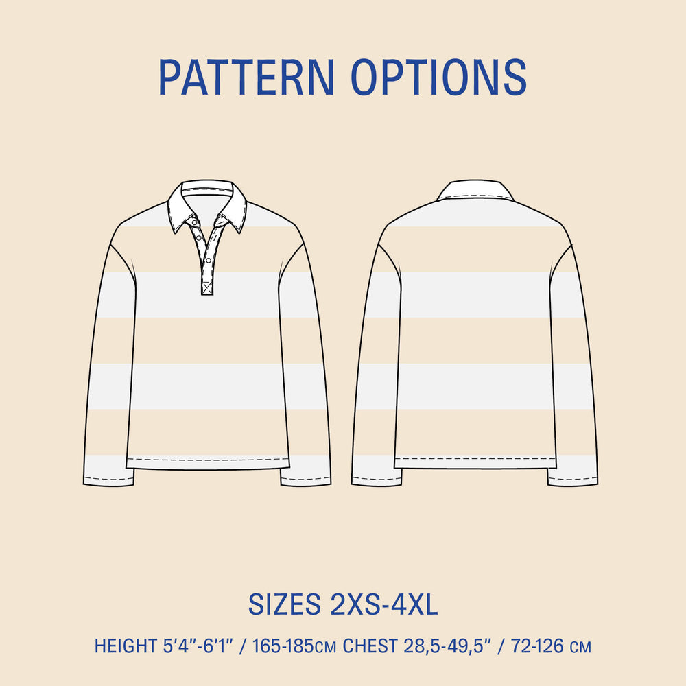 Rugby Polo Shirt sewing pattern with front and back views and size options 2XS-4XL, featuring height and chest measurements.