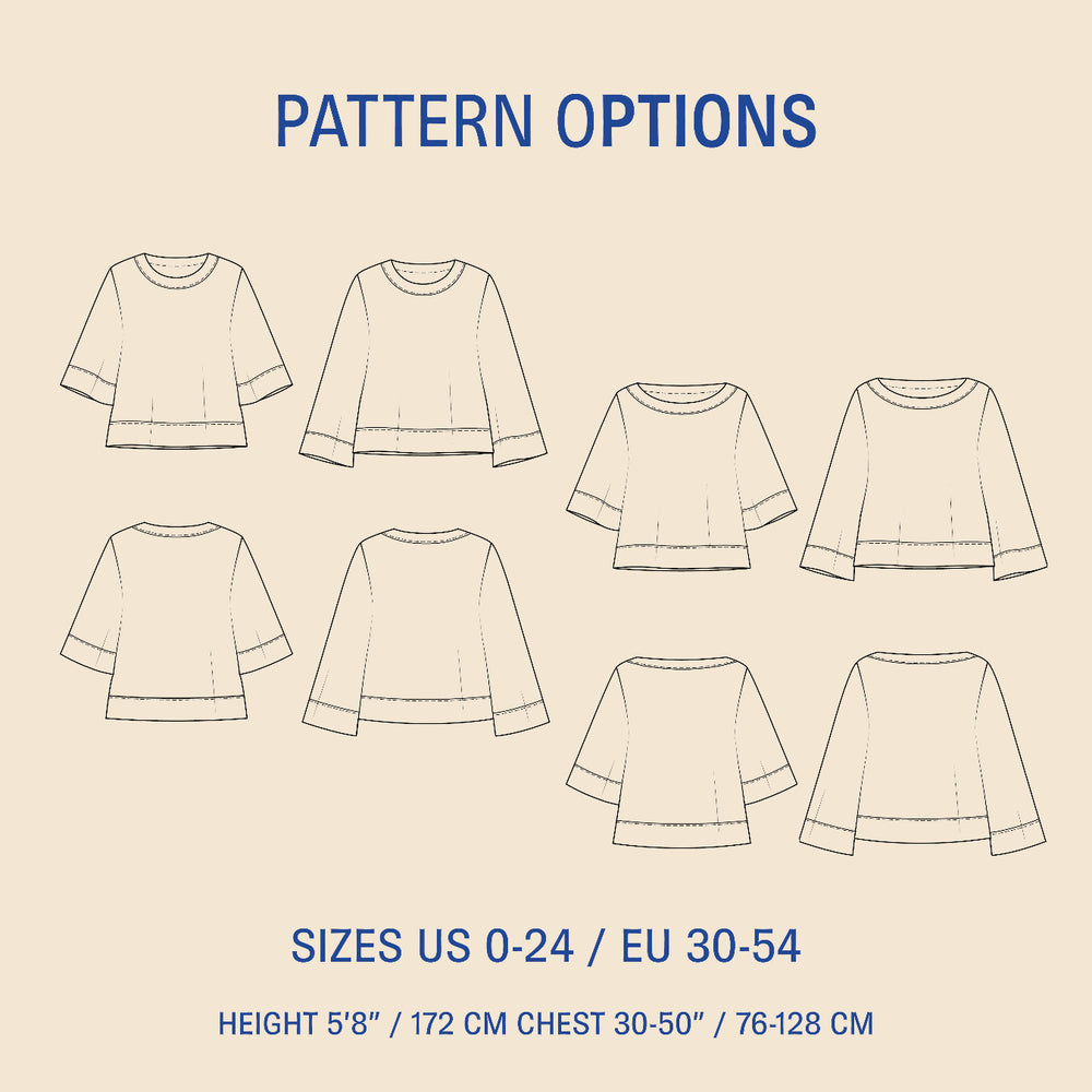 Illustrations of a Silke Blouse Sewing pattern with size and height specifications on a beige background