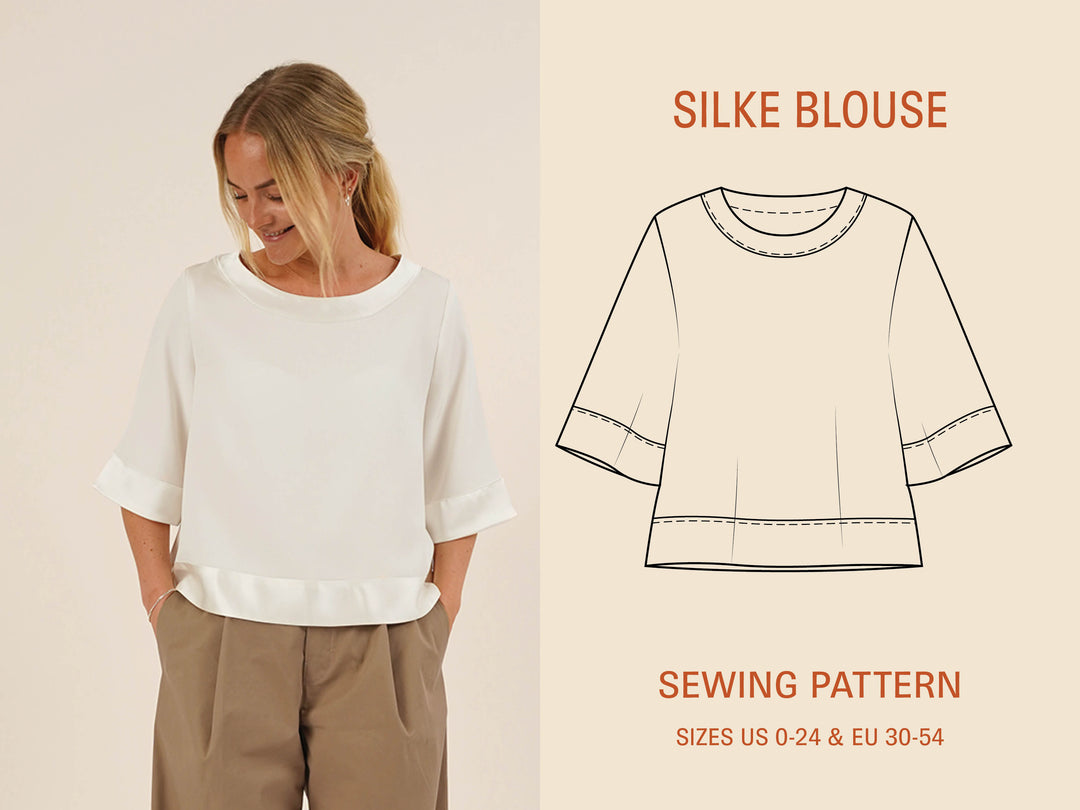 Woman wearing a Silke Blouse sewing pattern illustration, showcasing relaxed fit and design options.