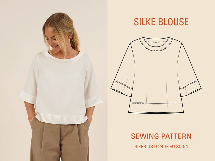 Woman wearing a Silke Blouse sewing pattern illustration, showcasing relaxed fit and design options.