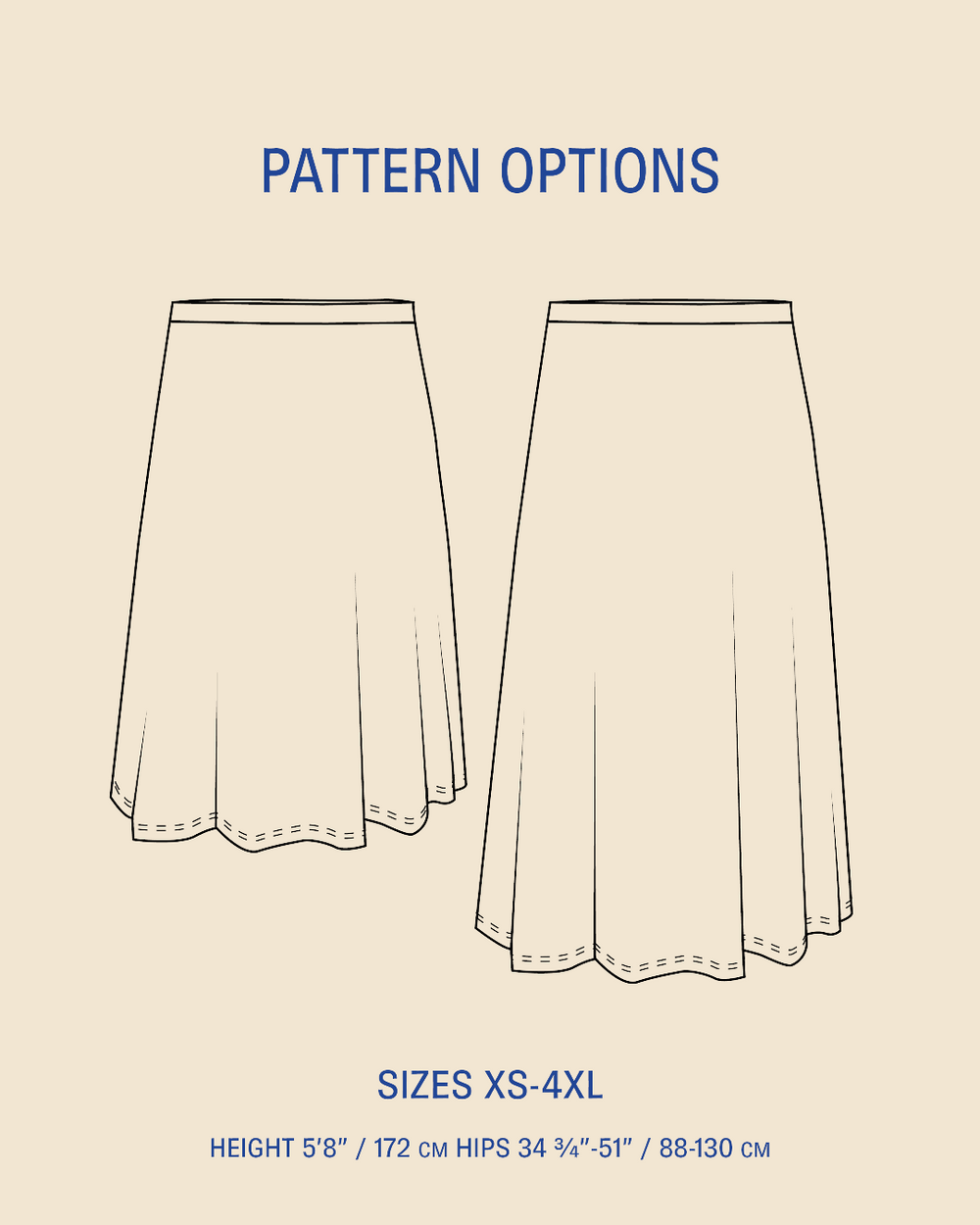 Pattern options diagram showing two front-view line drawings of a flared skirt on a beige background, with blue text reading 'PATTERN OPTIONS', 'SIZES XS-4XL', and sizing measurements.