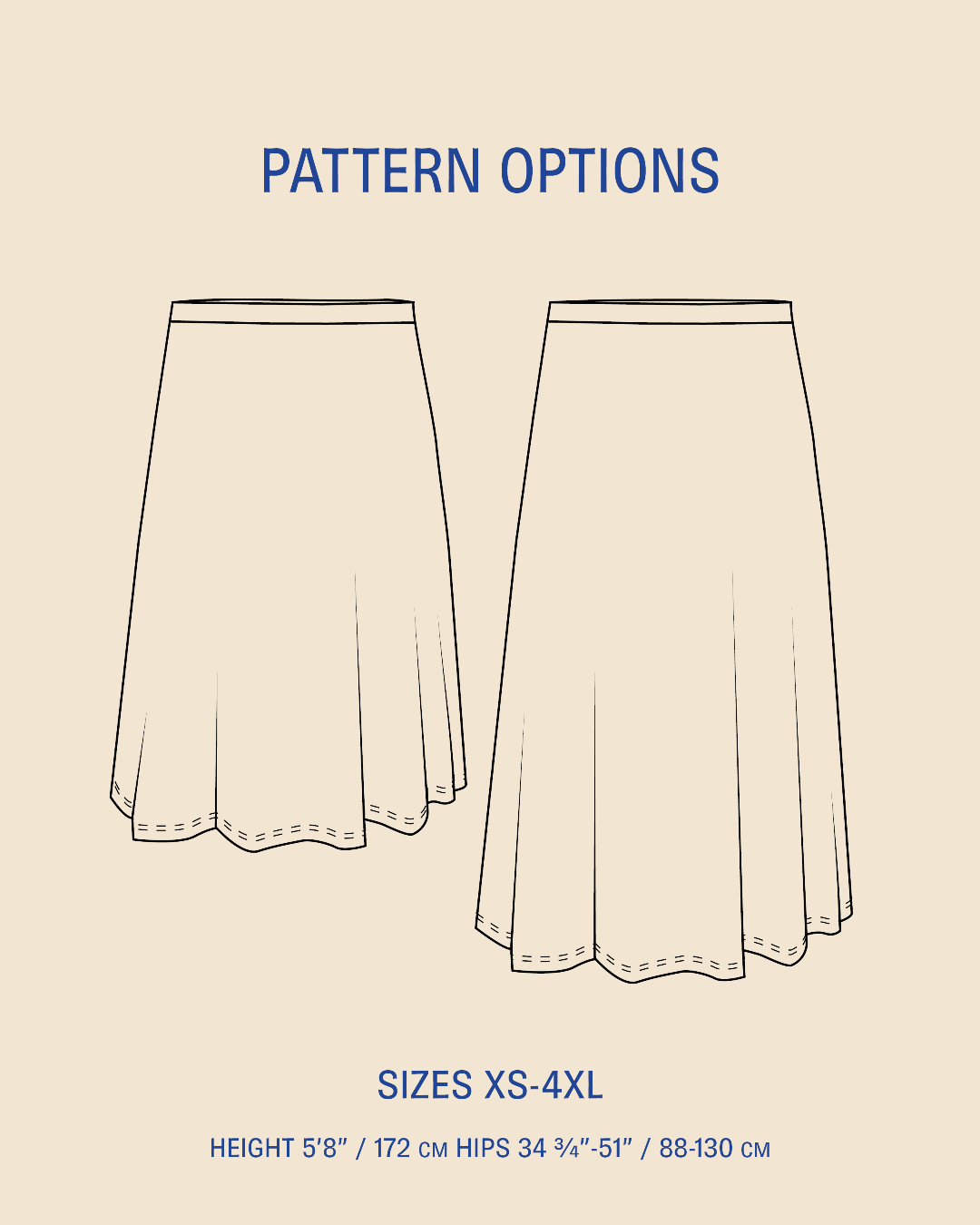 Pattern options diagram showing two front-view line drawings of a flared skirt on a beige background, with blue text reading 'PATTERN OPTIONS', 'SIZES XS-4XL', and sizing measurements.
