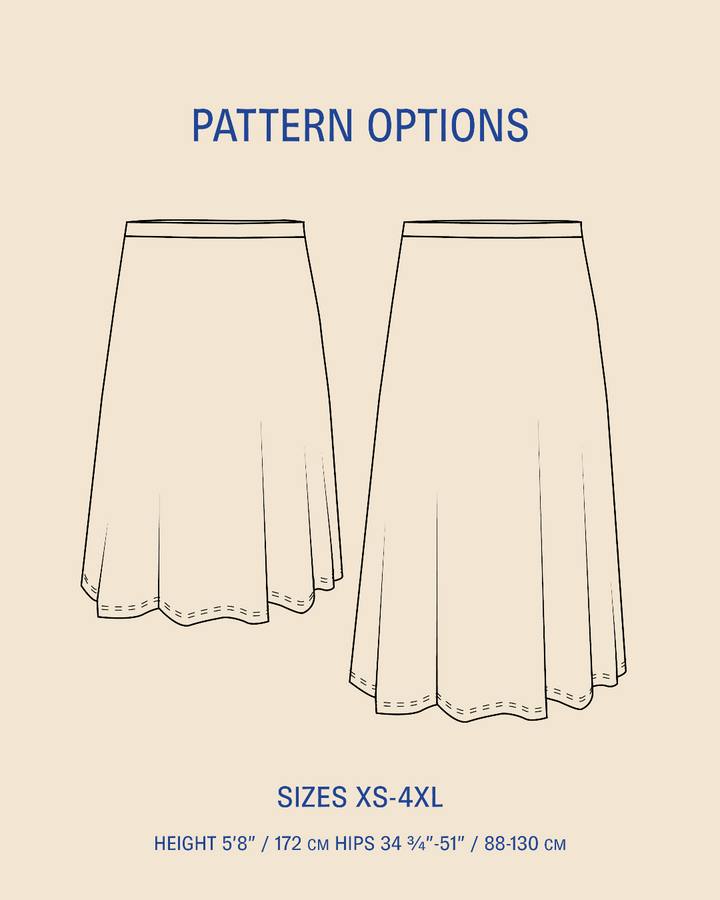 Pattern options diagram showing two front-view line drawings of a flared skirt on a beige background, with blue text reading 'PATTERN OPTIONS', 'SIZES XS-4XL', and sizing measurements.