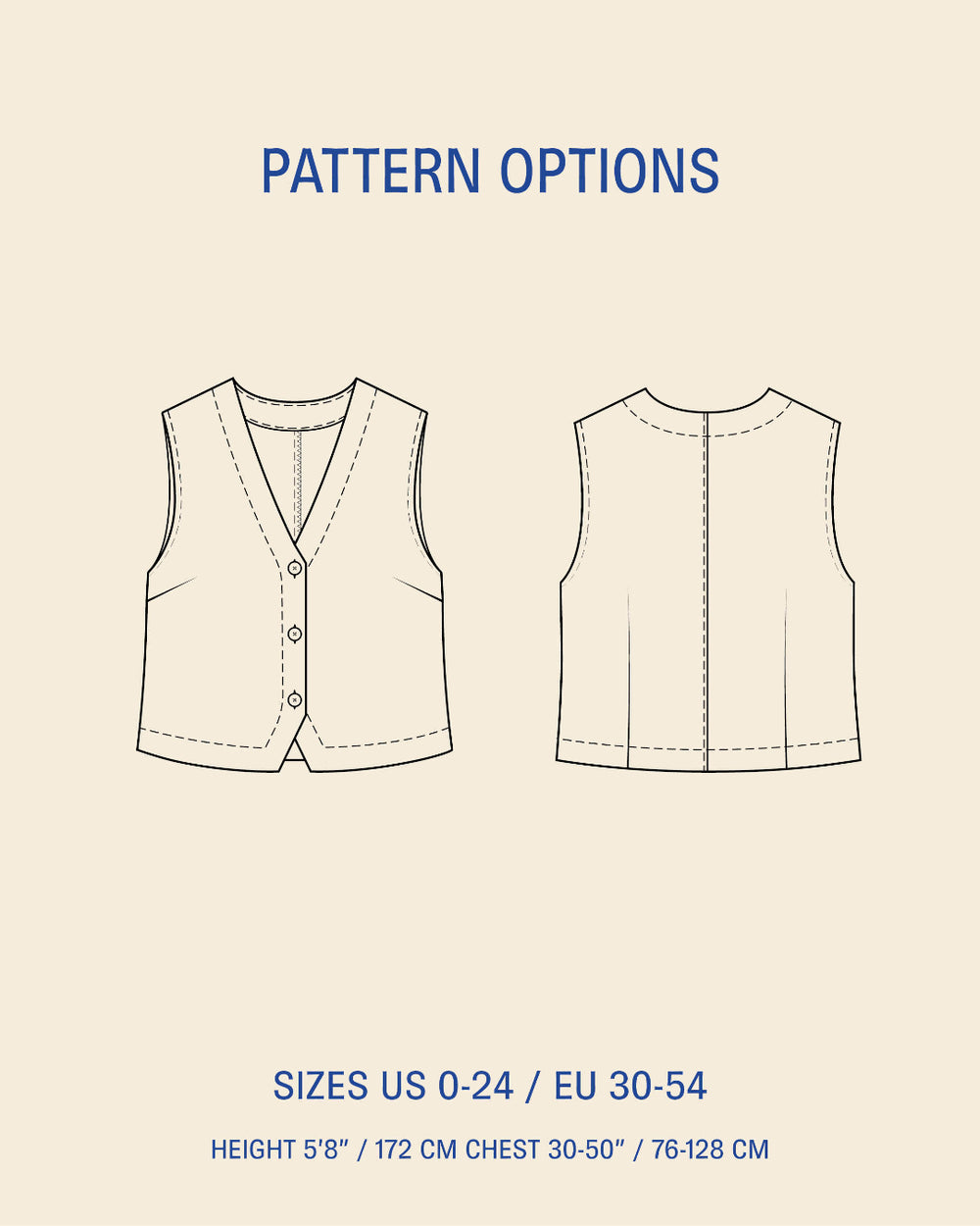 Waistcoat top sewing pattern showcasing front and back views with sizes US 0-24 / EU 30-54 options.