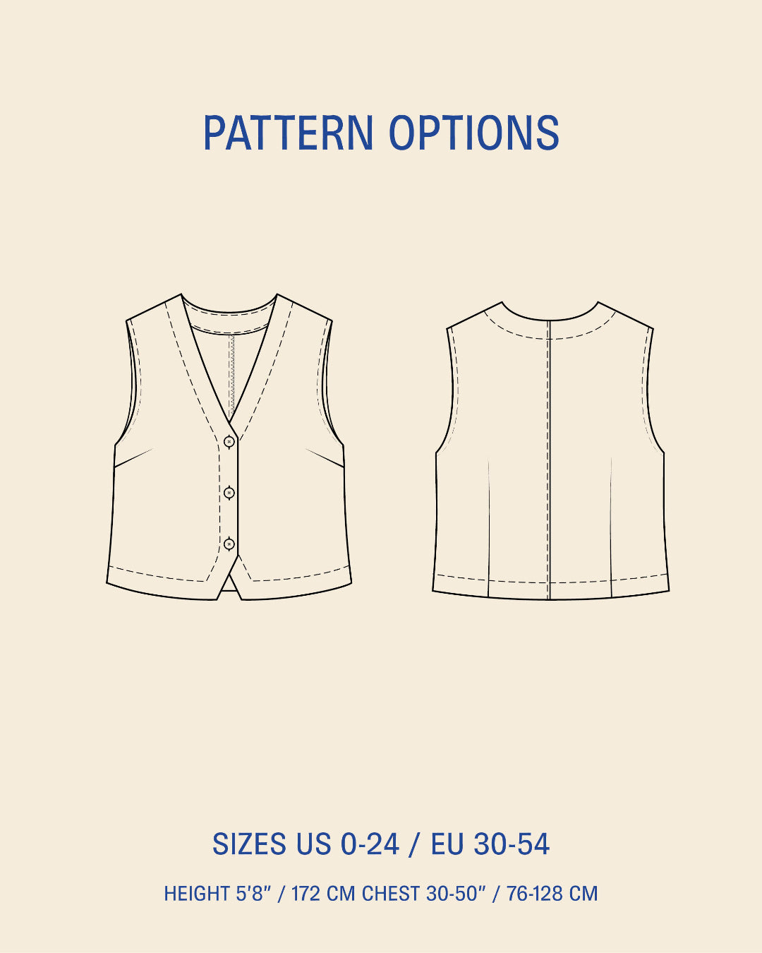 Waistcoat top sewing pattern showcasing front and back views with sizes US 0-24 / EU 30-54 options.