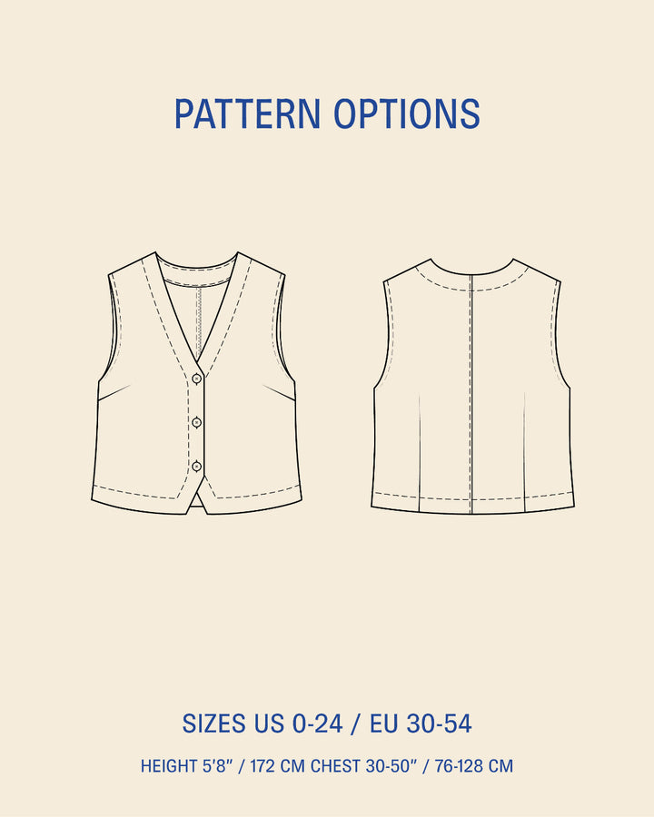 Waistcoat top sewing pattern showcasing front and back views with sizes US 0-24 / EU 30-54 options.