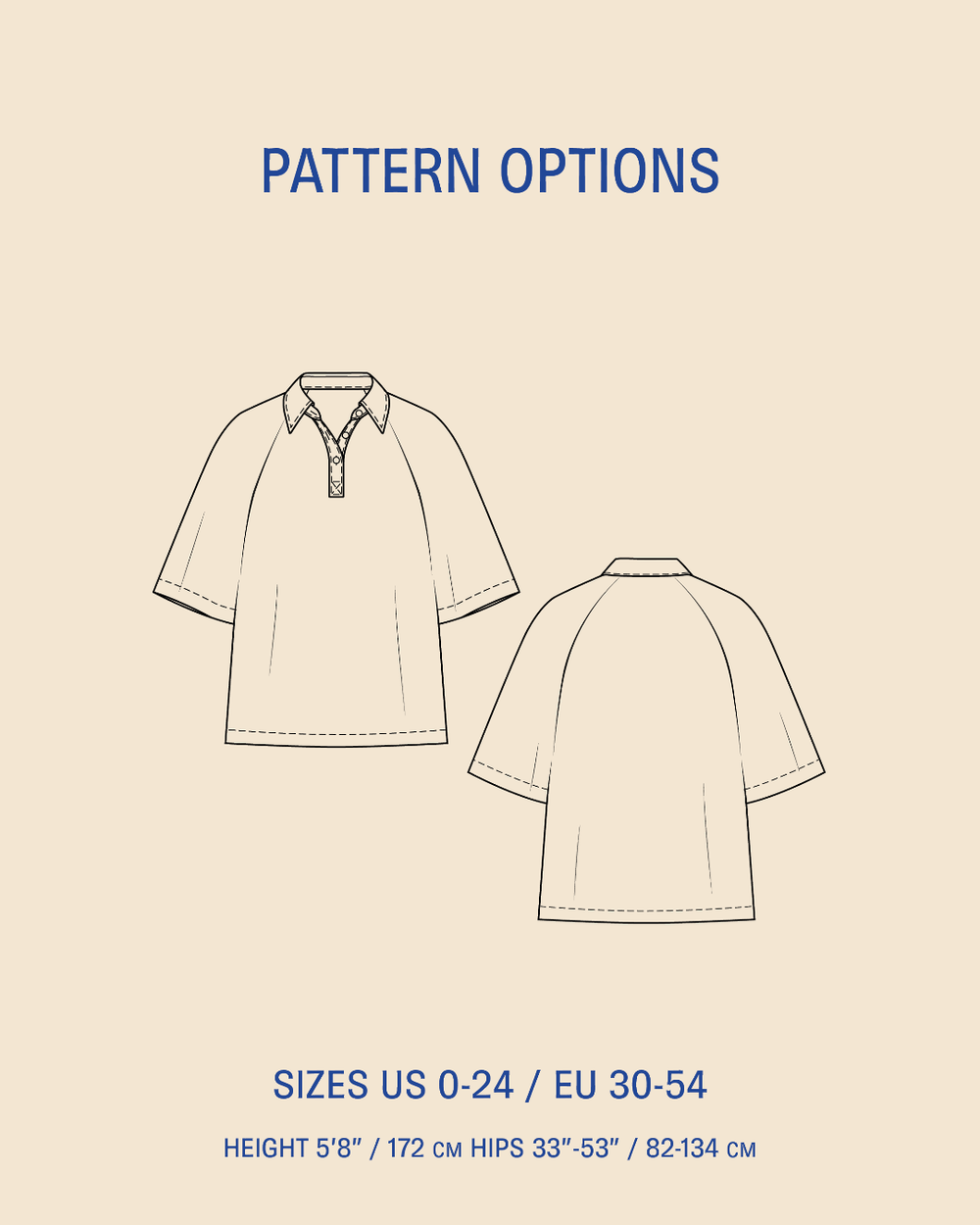 Pattern options diagram showing front and back line drawings of a the rugby shirt sewing pattern on a beige background, with text reading PATTERN OPTIONS and sizing information below.
