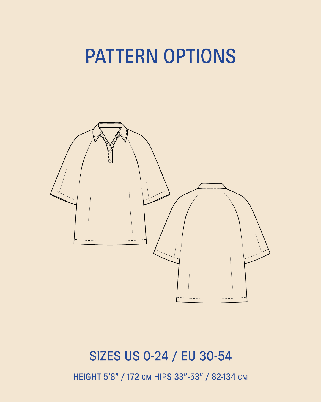 Pattern options diagram showing front and back line drawings of a the rugby shirt sewing pattern on a beige background, with text reading PATTERN OPTIONS and sizing information below.