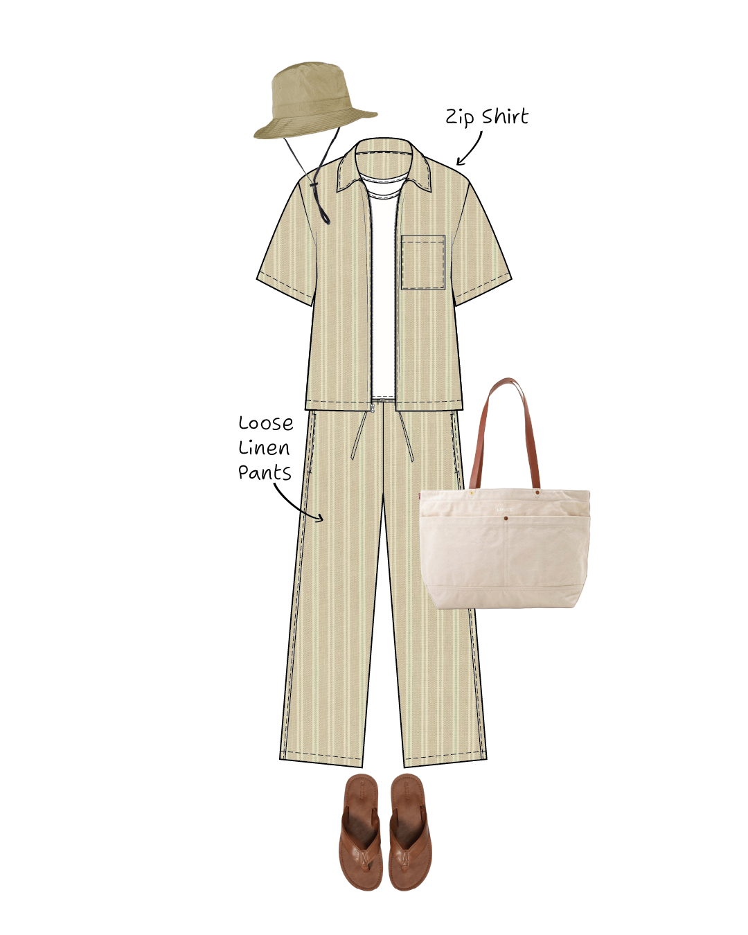 Illustrated outfit with a zip shirt, loose linen pants, hat, and tote bag on a white background.