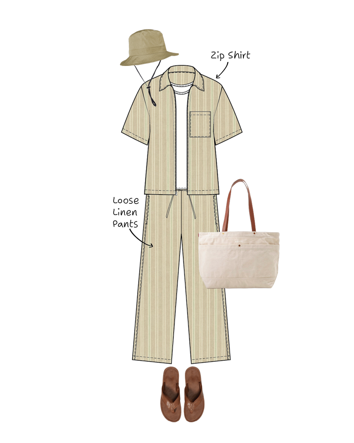 Illustrated outfit with a zip shirt, loose linen pants, hat, and tote bag on a white background.