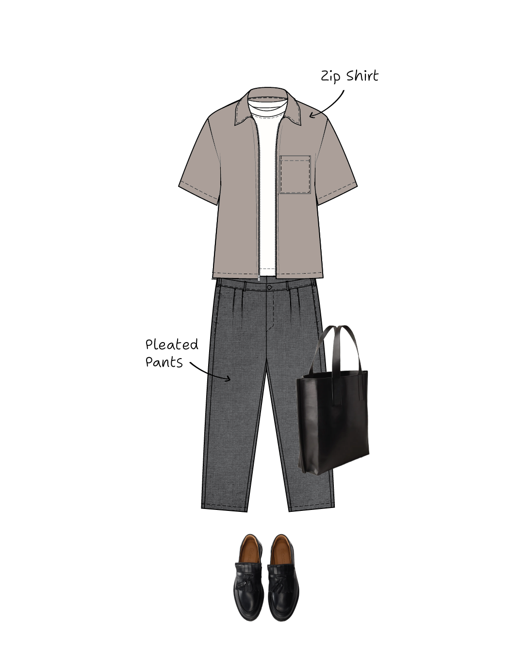 Illustration of a outfit with zip shirt, pleated pants, loafers, and black bag on a white background