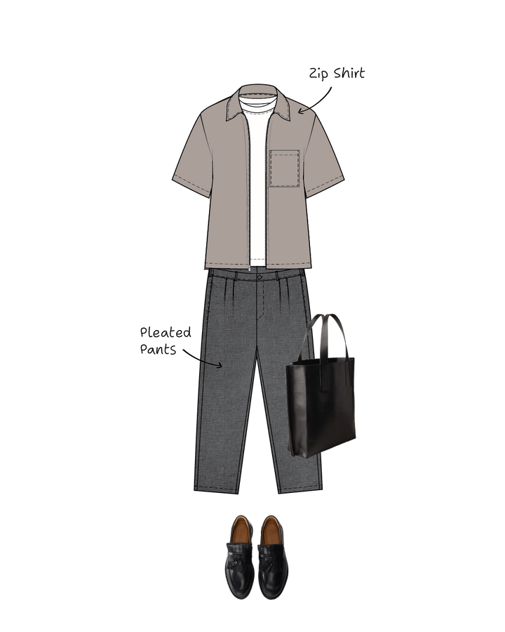 Illustration of a outfit with zip shirt, pleated pants, loafers, and black bag on a white background