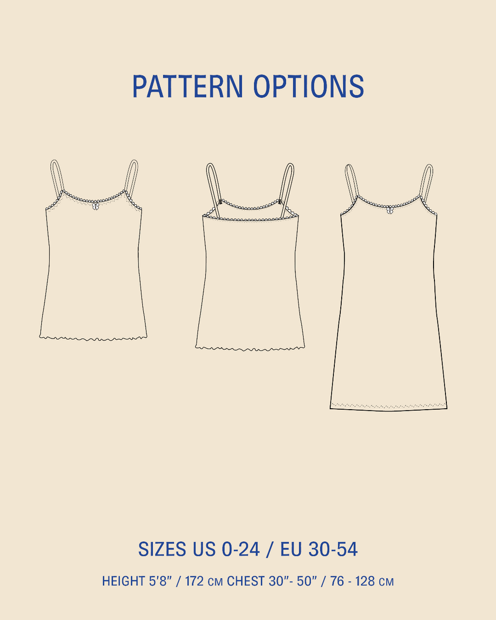 Pattern options diagram showing three line-art front views of a camisole tank top on a beige background, with blue text reading 'PATTERN OPTIONS' and size information at the bottom.