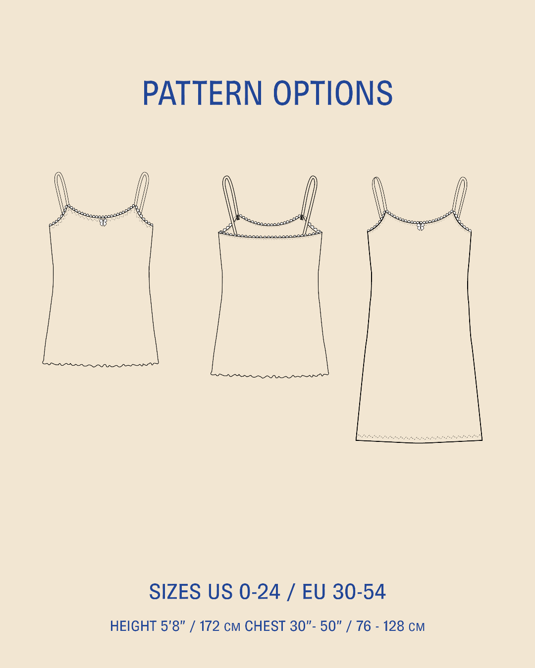 Pattern options diagram showing three line-art front views of a camisole tank top on a beige background, with blue text reading 'PATTERN OPTIONS' and size information at the bottom.