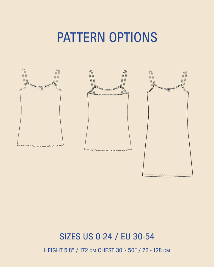Pattern options diagram showing three line-art front views of a camisole tank top on a beige background, with blue text reading 'PATTERN OPTIONS' and size information at the bottom.
