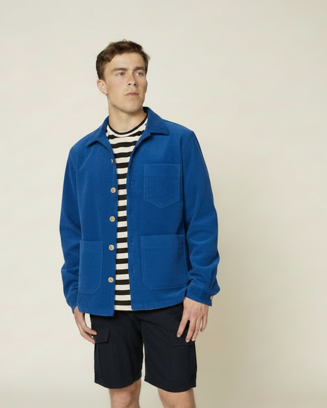 A man modeling a blue corduroy overshirt jacket over a black and white striped shirt and black shorts, standing against a plain beige studio background.