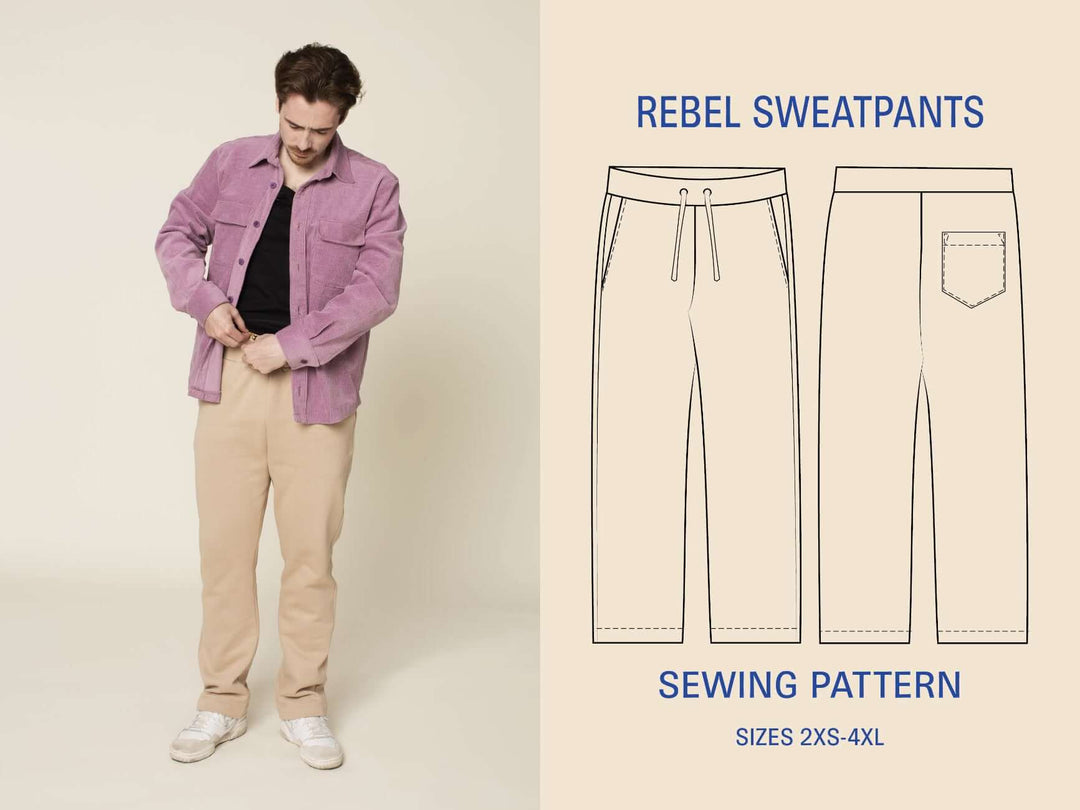 Man wearing beige sweatpants with a sewing pattern illustration on a beige background