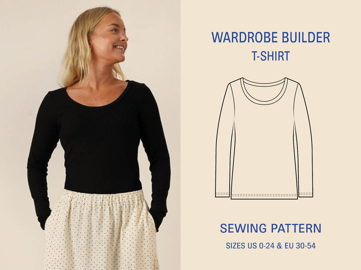 Woman wearing a black long-sleeve Wardrobe Builder T-shirt, sewing pattern with a sewing pattern illustration and text on a beige background