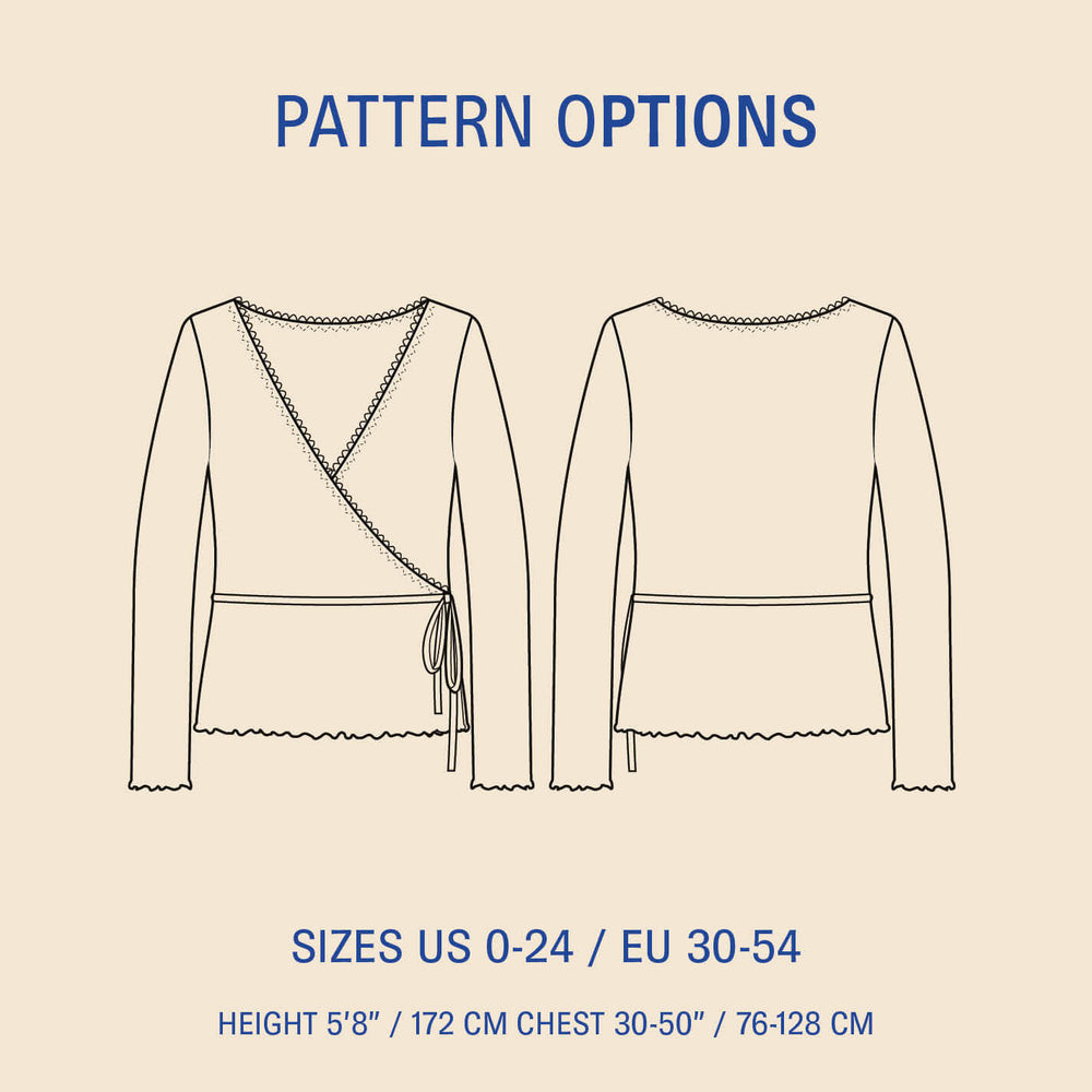 Wrap Blouse Paper Sewing Pattern options showcasing front and back views, available in sizes US 0-24 / EU 30-54.