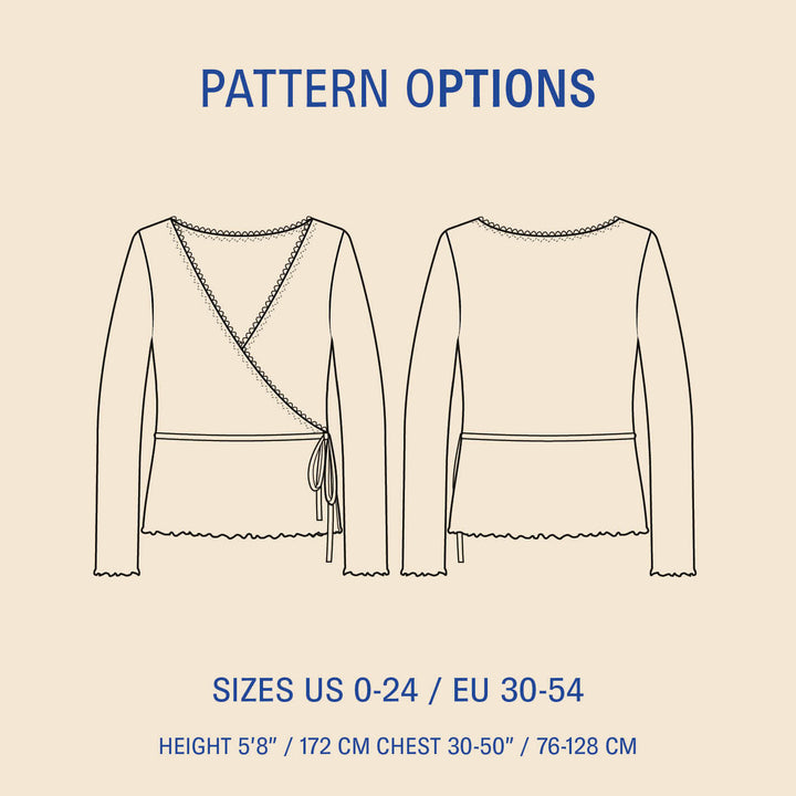 Wrap Blouse Paper Sewing Pattern options showcasing front and back views, available in sizes US 0-24 / EU 30-54.