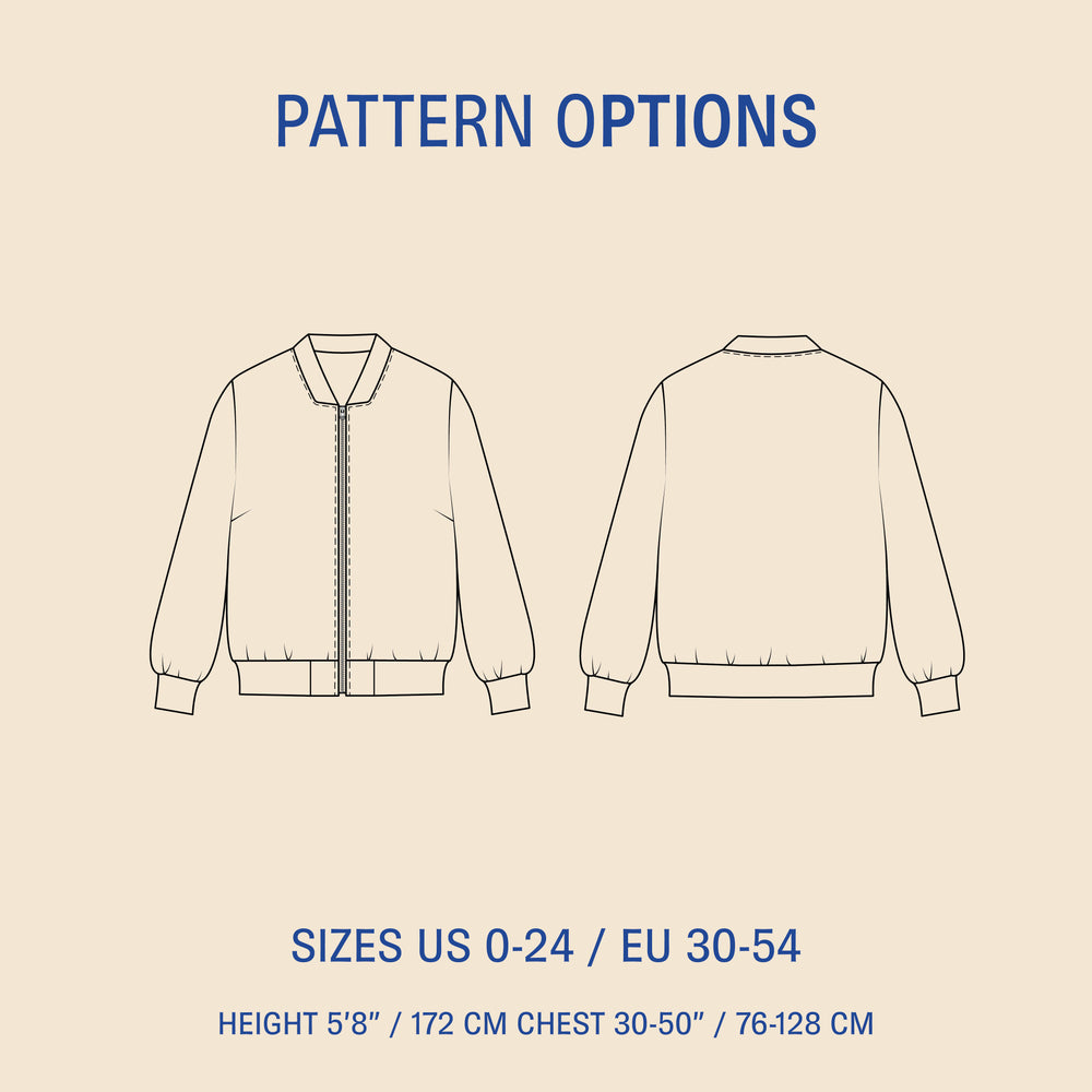 Amelia Bomber Jacket sewing pattern options showing front and back views