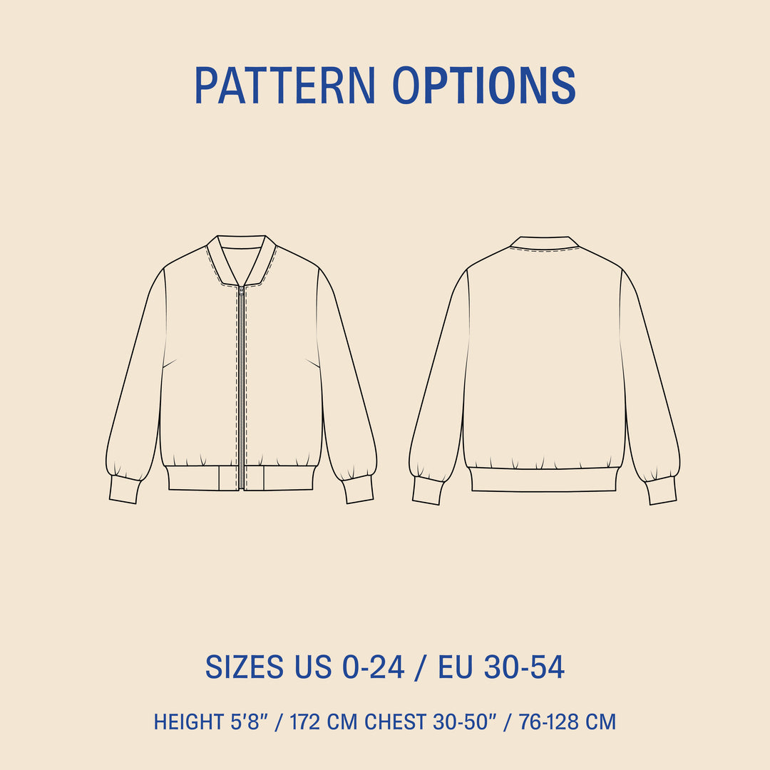 Amelia Bomber Jacket sewing pattern options showing front and back views