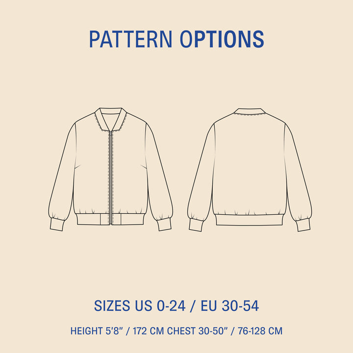 Amelia Bomber Jacket sewing pattern options showing front and back views