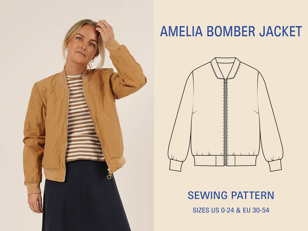 Woman wearing the Amelia Bomber Jacket sewing pattern in camel woven fabric beside a technical drawing of the bomber jacket