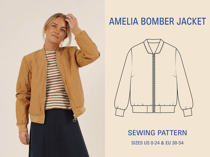Woman wearing the Amelia Bomber Jacket sewing pattern in camel woven fabric beside a technical drawing of the bomber jacket