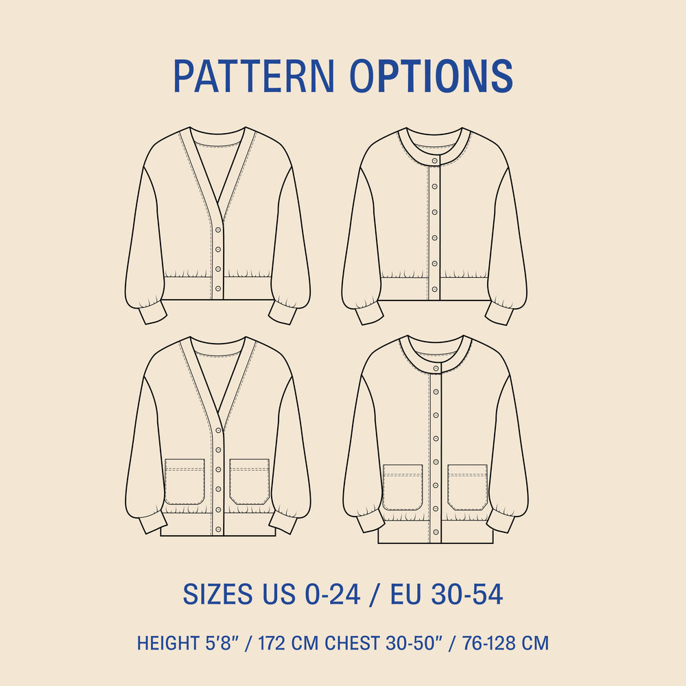 Balloon Cardigan sewing pattern options showing V-neck and round-neck variations with and without patch pockets