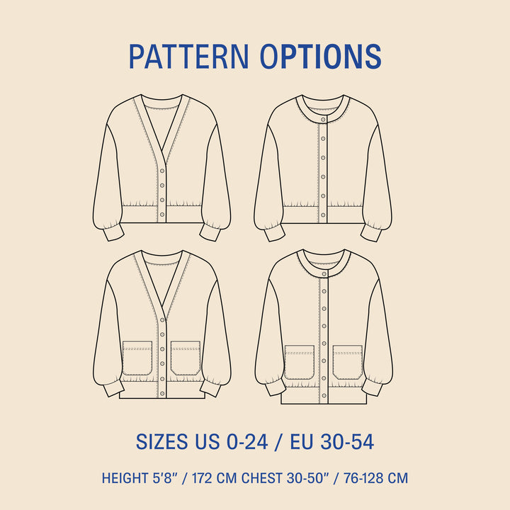 Balloon Cardigan sewing pattern options showing V-neck and round-neck variations with and without patch pockets
