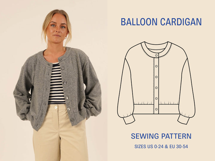 Woman wearing the Balloon Cardigan sewing pattern in grey knit fabric beside a technical drawing of the cardigan