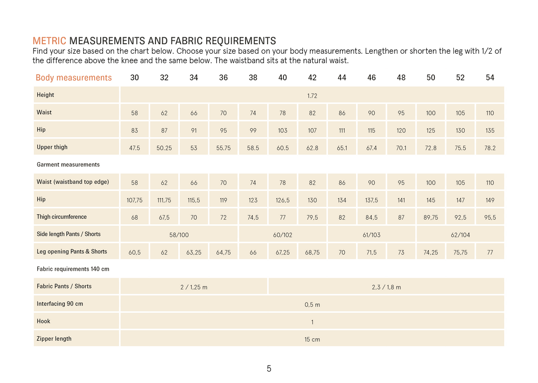 Metric size chart for the Wardrobe by Me Bermuda Shorts and Pants sewing pattern showing body measurements, garment measurements, fabric requirements, interfacing, hook, and zipper length for sizes EU 30–54