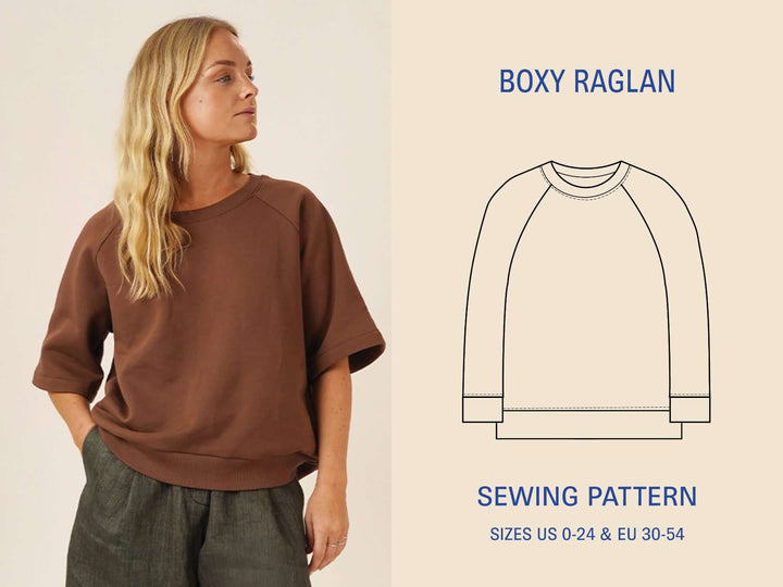 Woman wearing the Boxy Raglan sewing pattern beside a technical drawing of the raglan top