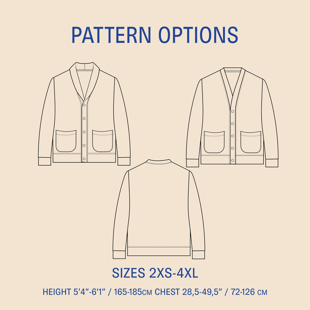 Cardigan sewing pattern options showing multiple cardigan variations with technical drawings and sizes
