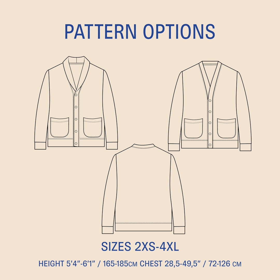 Cardigan sewing pattern options showing multiple cardigan variations with technical drawings and sizes