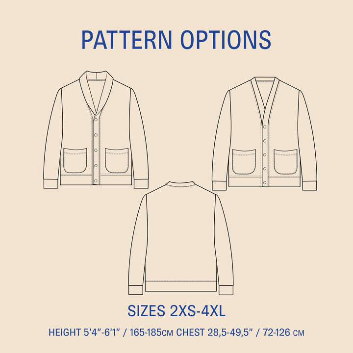 Cardigan sewing pattern options showing multiple cardigan variations with technical drawings and sizes