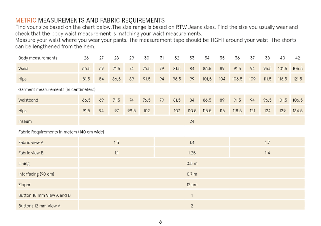 Cargo Shorts sewing pattern size chart with metric body measurements, garment measurements and fabric requirements